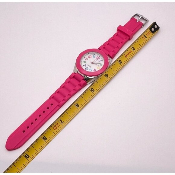 Bright Pink Silicone Quartz Watch Colorful Rainbow Numbers Silver Tone - Picture 5 of 6